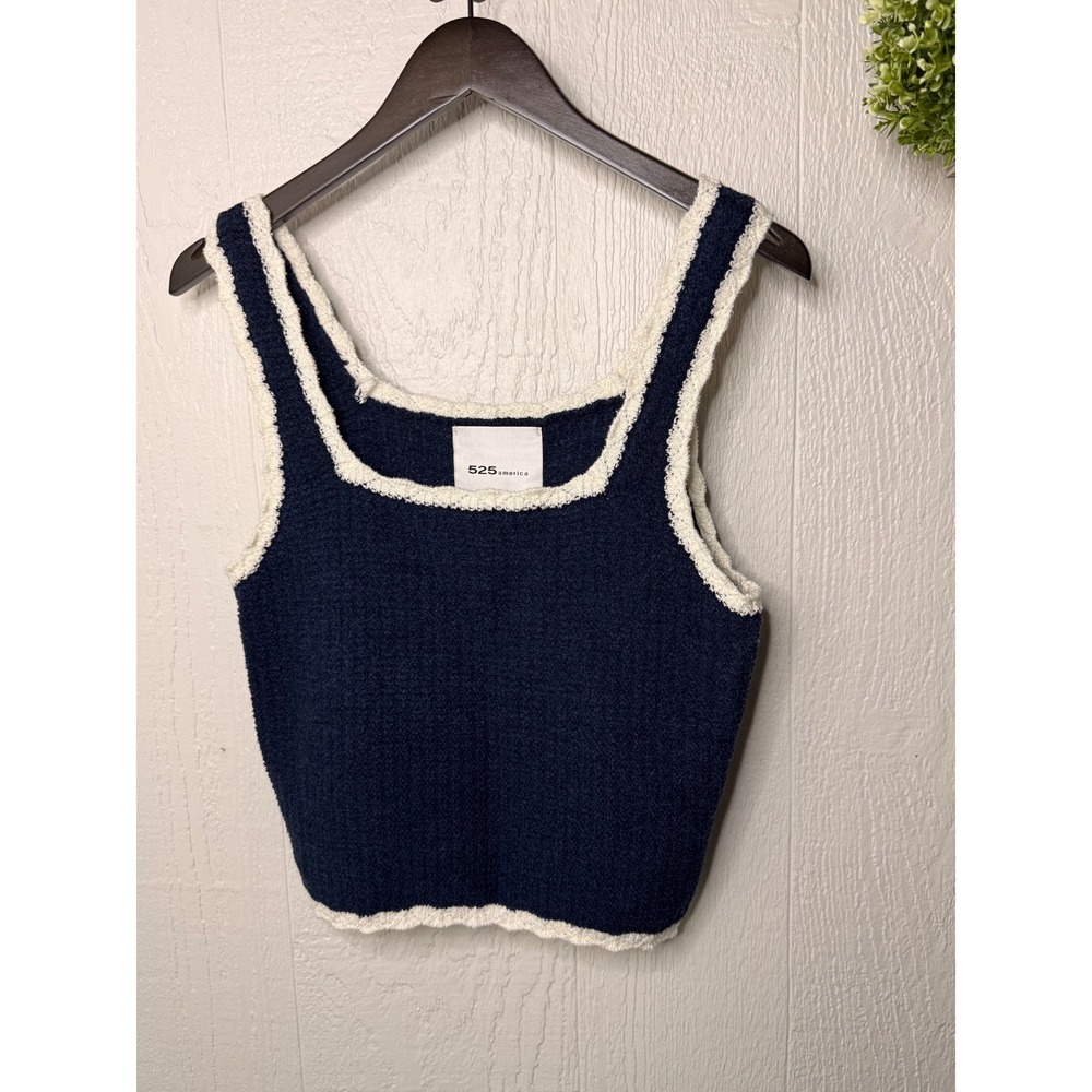 525 America Textured Square Neck Tank Top Navy Blue White Trim Cotton